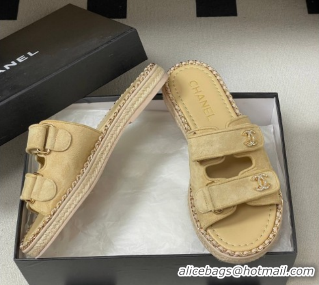 Low Cost Chanel Suede Flat Slides Sandal with Strass, Chain and Strap CH030610 Beige 2026