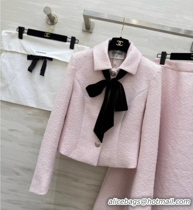 Inexpensive Chanel Tweed Jacket and Skirt Set with Bow CH031109 Pink 2026