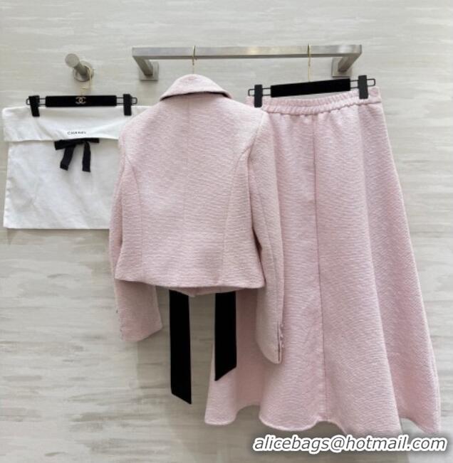 Inexpensive Chanel Tweed Jacket and Skirt Set with Bow CH031109 Pink 2026