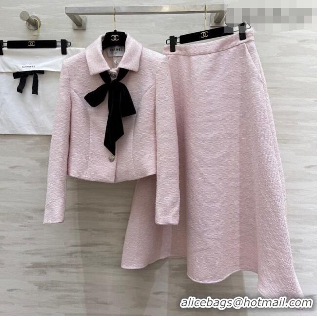 Inexpensive Chanel Tweed Jacket and Skirt Set with Bow CH031109 Pink 2026