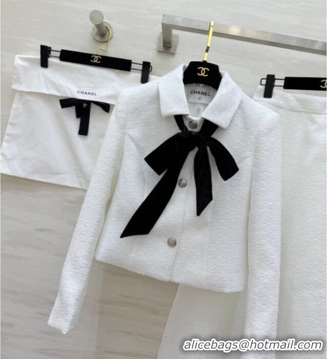 Famous Brand Chanel Tweed Jacket and Skirt Set with Bow CH031109 White 2026