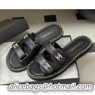 Good Product Chanel Lambskin Leather Flat Slides Sandal with Strass, Chain and Strap CH030610 Black 2026