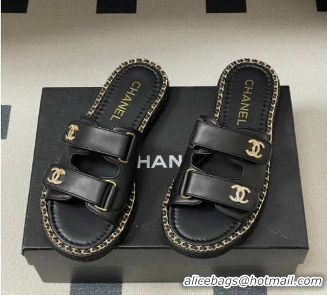 Good Product Chanel Lambskin Leather Flat Slides Sandal with Strass, Chain and Strap CH030610 Black 2026