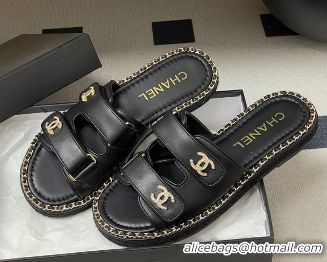 Good Product Chanel Lambskin Leather Flat Slides Sandal with Strass, Chain and Strap CH030610 Black 2026