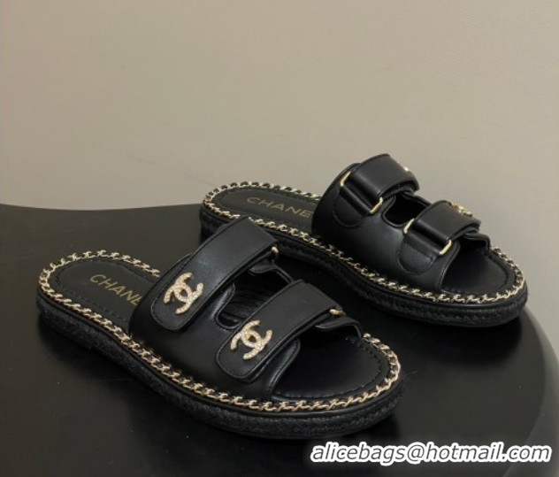 Good Product Chanel Lambskin Leather Flat Slides Sandal with Strass, Chain and Strap CH030610 Black 2026