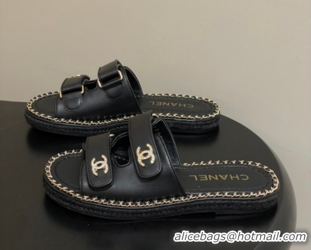Good Product Chanel Lambskin Leather Flat Slides Sandal with Strass, Chain and Strap CH030610 Black 2026