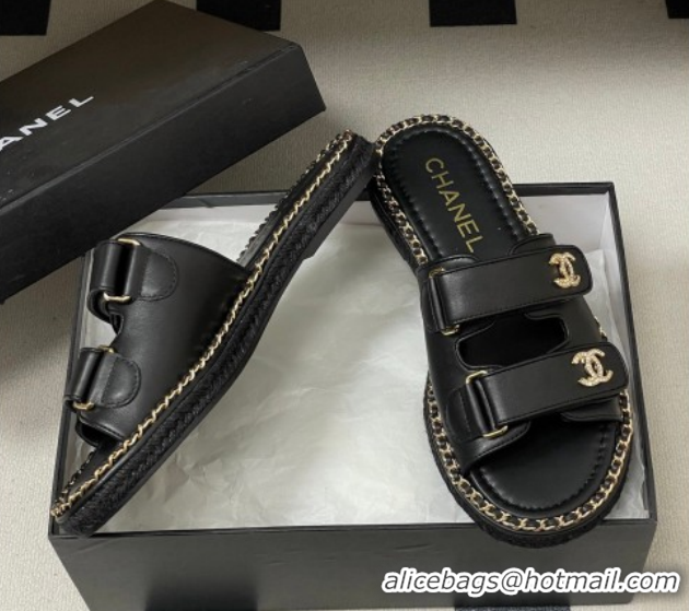 Good Product Chanel Lambskin Leather Flat Slides Sandal with Strass, Chain and Strap CH030610 Black 2026