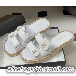 Pretty Style Chanel Lambskin Leather Flat Slides Sandal with Strass, Chain and Strap CH030610 White 2026