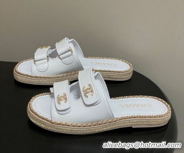 Pretty Style Chanel Lambskin Leather Flat Slides Sandal with Strass, Chain and Strap CH030610 White 2026