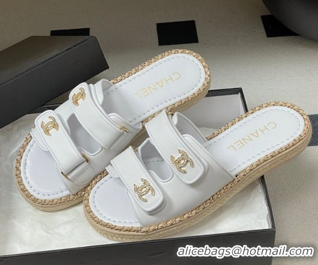 Pretty Style Chanel Lambskin Leather Flat Slides Sandal with Strass, Chain and Strap CH030610 White 2026