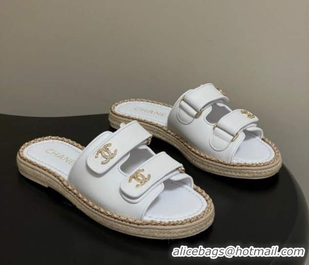 Pretty Style Chanel Lambskin Leather Flat Slides Sandal with Strass, Chain and Strap CH030610 White 2026