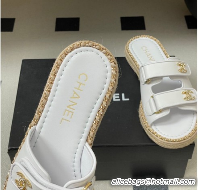Pretty Style Chanel Lambskin Leather Flat Slides Sandal with Strass, Chain and Strap CH030610 White 2026