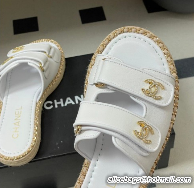 Pretty Style Chanel Lambskin Leather Flat Slides Sandal with Strass, Chain and Strap CH030610 White 2026
