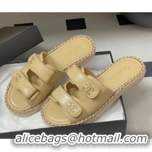 Good Quality Chanel Lambskin Leather Flat Slides Sandal with Strass, Chain and Strap CH030610 Beige 2026