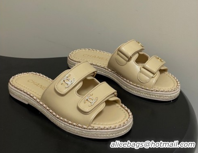 Good Quality Chanel Lambskin Leather Flat Slides Sandal with Strass, Chain and Strap CH030610 Beige 2026