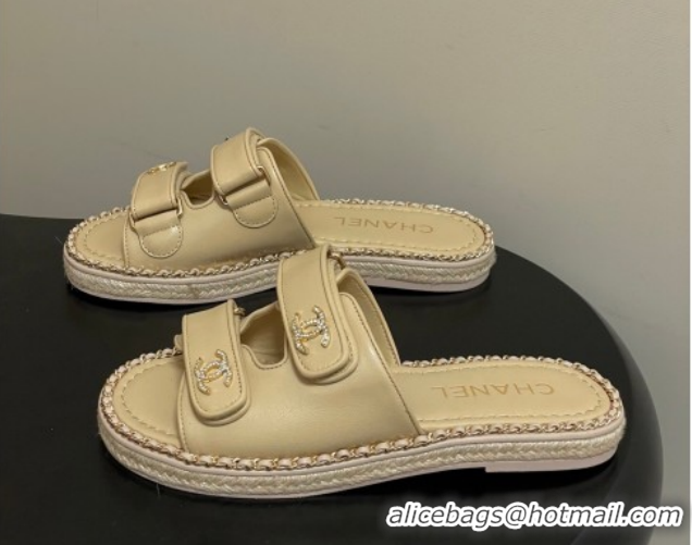 Good Quality Chanel Lambskin Leather Flat Slides Sandal with Strass, Chain and Strap CH030610 Beige 2026