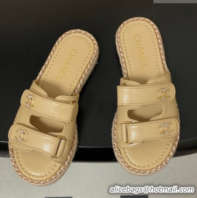 Good Quality Chanel Lambskin Leather Flat Slides Sandal with Strass, Chain and Strap CH030610 Beige 2026