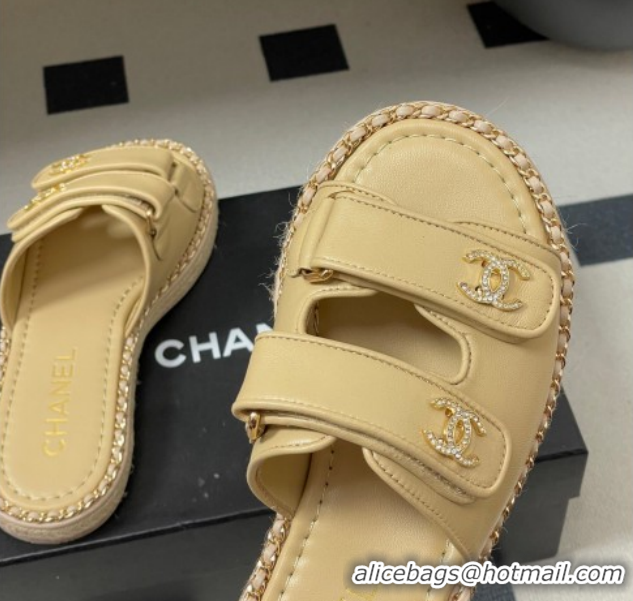 Good Quality Chanel Lambskin Leather Flat Slides Sandal with Strass, Chain and Strap CH030610 Beige 2026