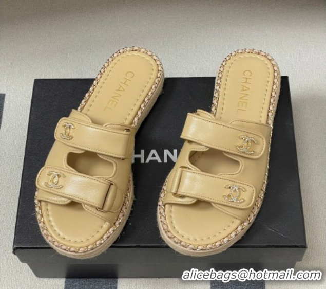Good Quality Chanel Lambskin Leather Flat Slides Sandal with Strass, Chain and Strap CH030610 Beige 2026