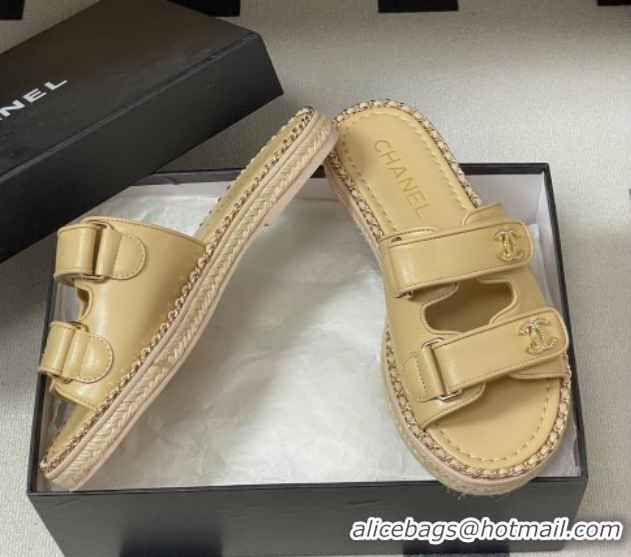 Good Quality Chanel Lambskin Leather Flat Slides Sandal with Strass, Chain and Strap CH030610 Beige 2026