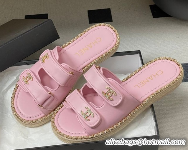 Good Looking Chanel Lambskin Leather Flat Slides Sandal with Strass, Chain and Strap CH030610 Pink 2026
