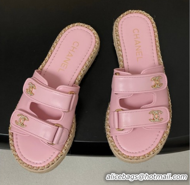 Good Looking Chanel Lambskin Leather Flat Slides Sandal with Strass, Chain and Strap CH030610 Pink 2026