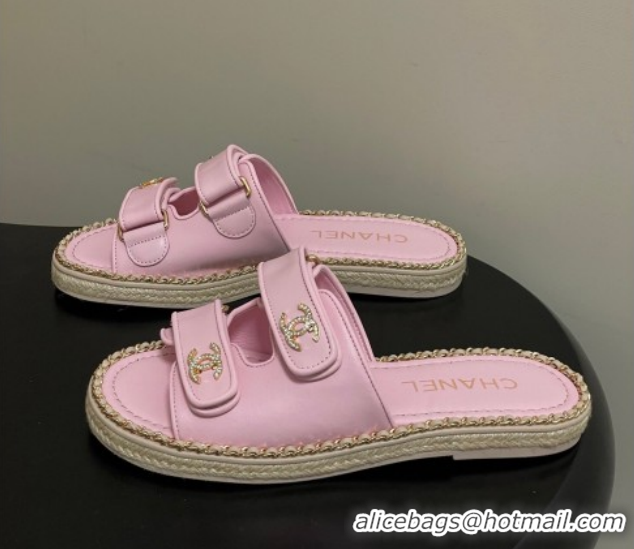 Good Looking Chanel Lambskin Leather Flat Slides Sandal with Strass, Chain and Strap CH030610 Pink 2026