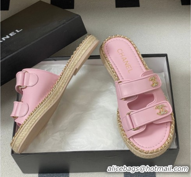 Good Looking Chanel Lambskin Leather Flat Slides Sandal with Strass, Chain and Strap CH030610 Pink 2026