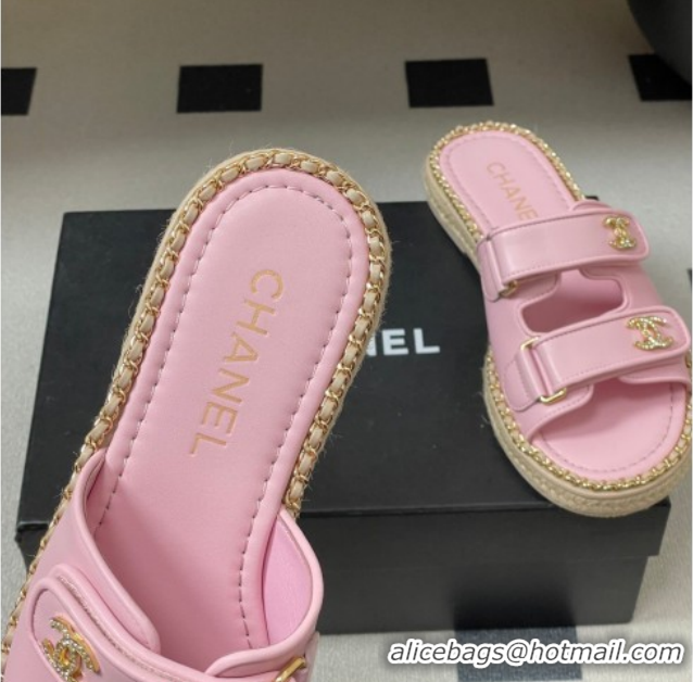 Good Looking Chanel Lambskin Leather Flat Slides Sandal with Strass, Chain and Strap CH030610 Pink 2026