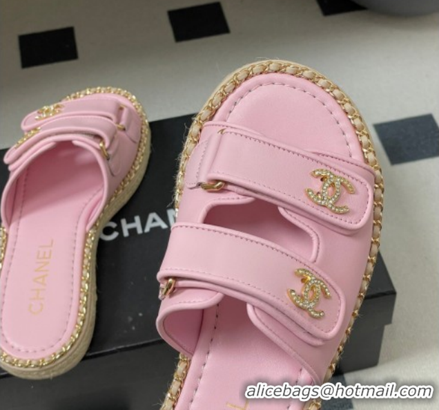 Good Looking Chanel Lambskin Leather Flat Slides Sandal with Strass, Chain and Strap CH030610 Pink 2026
