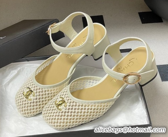 Best Price Chanel Mesh & Lambskin Leather Heel Sandals 4.5cm CH030612 White 2026