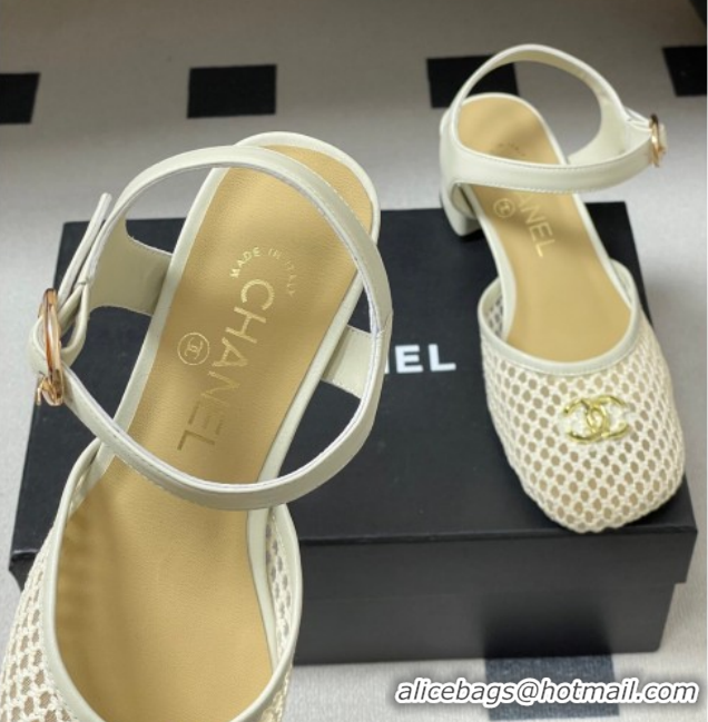 Best Price Chanel Mesh & Lambskin Leather Heel Sandals 4.5cm CH030612 White 2026