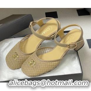 Shop Duplicate Chanel Mesh & Lambskin Leather Heel Sandals 4.5cm CH030612 Beige 2026