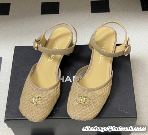 Shop Duplicate Chanel Mesh & Lambskin Leather Heel Sandals 4.5cm CH030612 Beige 2026