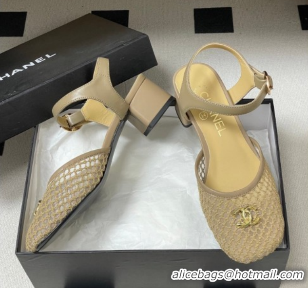 Shop Duplicate Chanel Mesh & Lambskin Leather Heel Sandals 4.5cm CH030612 Beige 2026