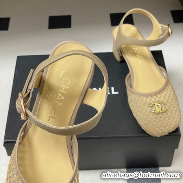 Shop Duplicate Chanel Mesh & Lambskin Leather Heel Sandals 4.5cm CH030612 Beige 2026