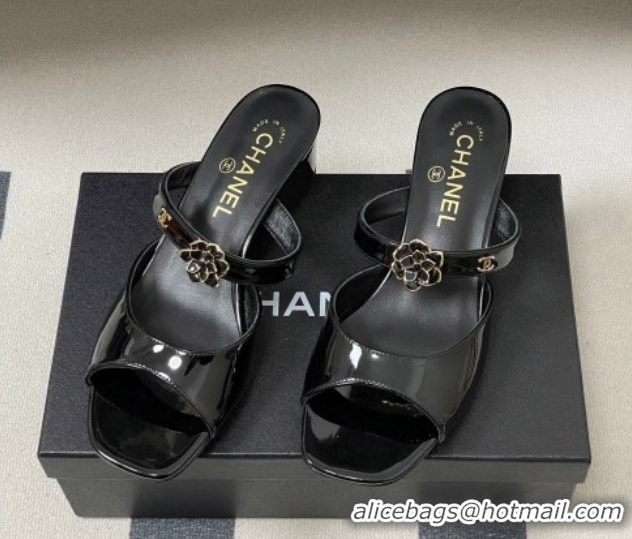 Popular Style Chanel Patent Calfskin Leather Heel Slides Sandal 4.5cm with Camellia CH030613 Black 2026