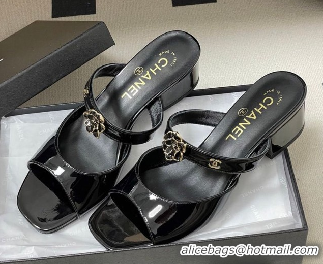 Popular Style Chanel Patent Calfskin Leather Heel Slides Sandal 4.5cm with Camellia CH030613 Black 2026