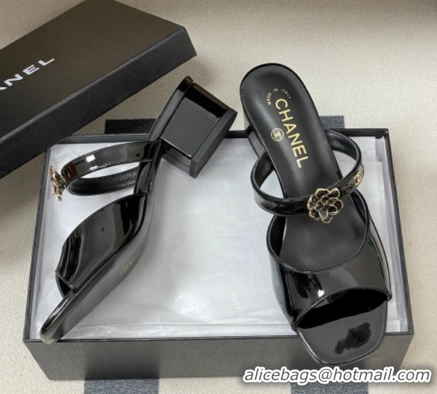 Popular Style Chanel Patent Calfskin Leather Heel Slides Sandal 4.5cm with Camellia CH030613 Black 2026