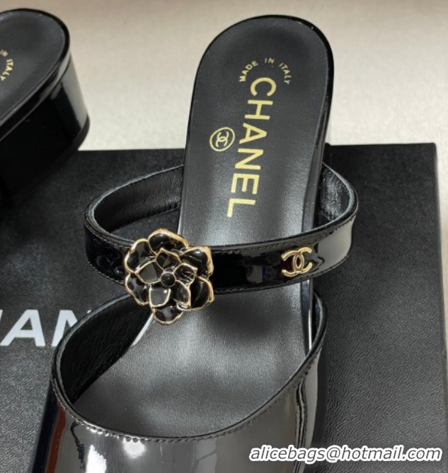 Popular Style Chanel Patent Calfskin Leather Heel Slides Sandal 4.5cm with Camellia CH030613 Black 2026