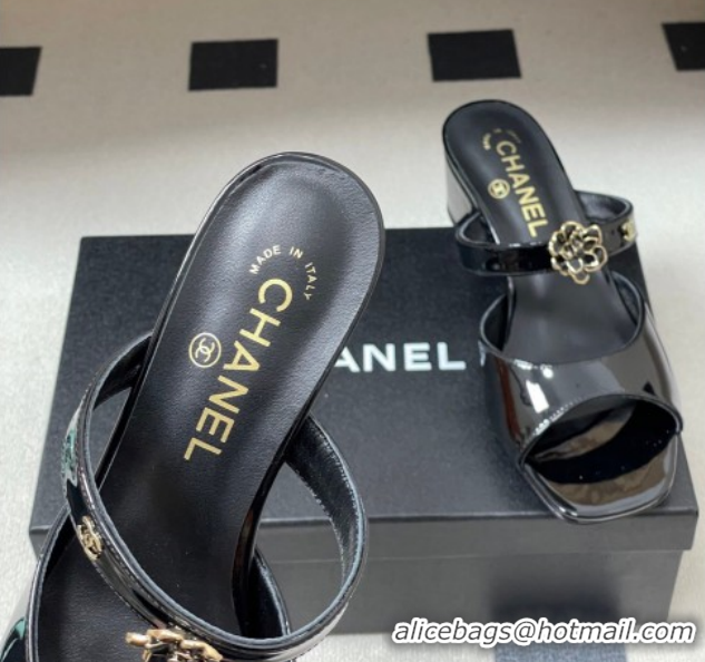 Popular Style Chanel Patent Calfskin Leather Heel Slides Sandal 4.5cm with Camellia CH030613 Black 2026