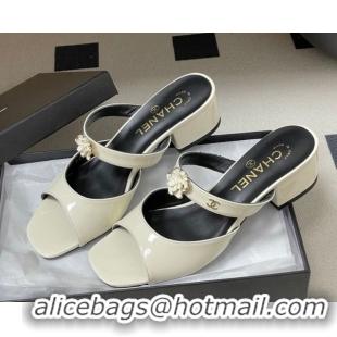 Most Popular Chanel Patent Calfskin Leather Heel Slides Sandal 4.5cm with Camellia CH030613 White 2026
