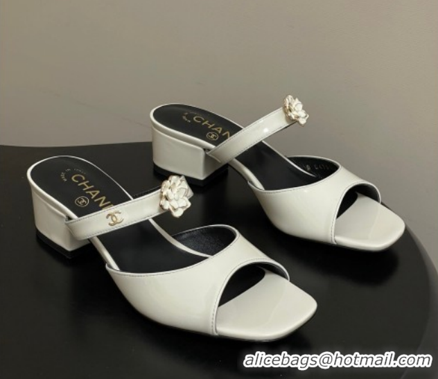 Most Popular Chanel Patent Calfskin Leather Heel Slides Sandal 4.5cm with Camellia CH030613 White 2026