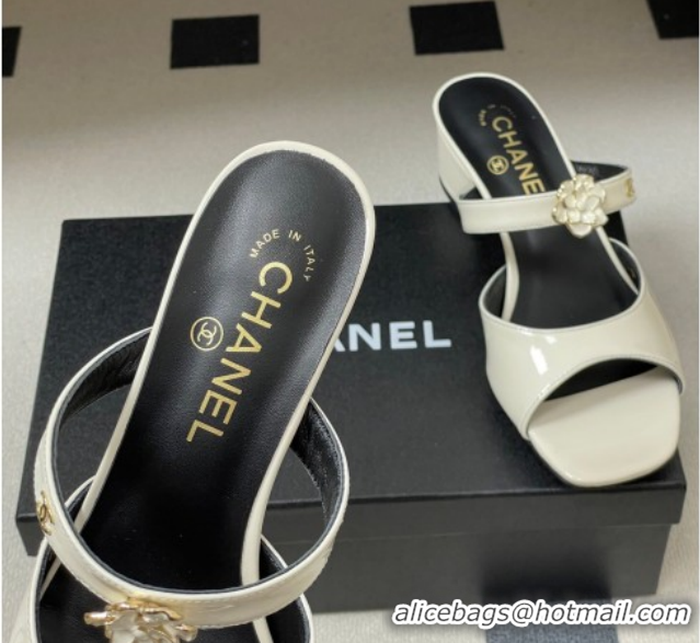 Most Popular Chanel Patent Calfskin Leather Heel Slides Sandal 4.5cm with Camellia CH030613 White 2026