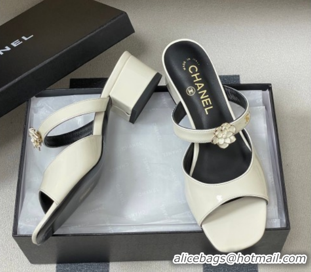 Most Popular Chanel Patent Calfskin Leather Heel Slides Sandal 4.5cm with Camellia CH030613 White 2026