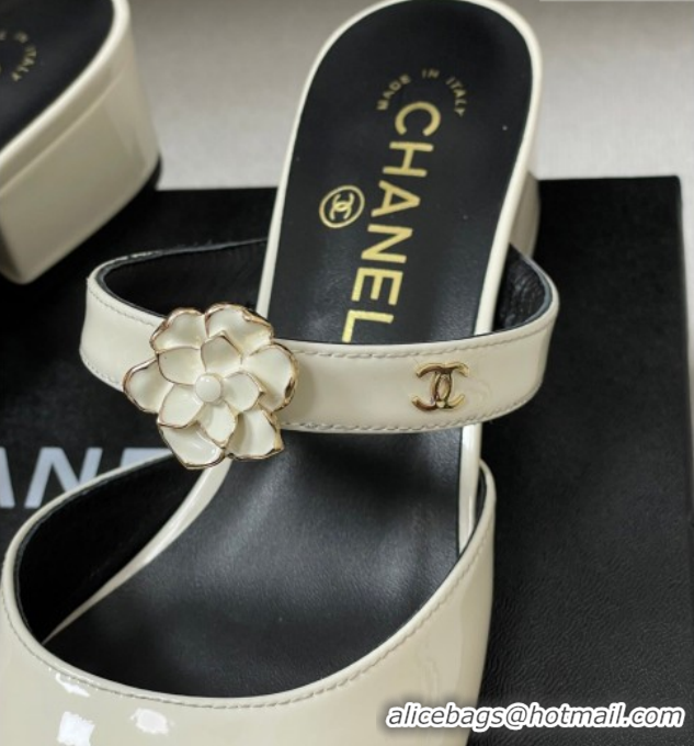 Most Popular Chanel Patent Calfskin Leather Heel Slides Sandal 4.5cm with Camellia CH030613 White 2026