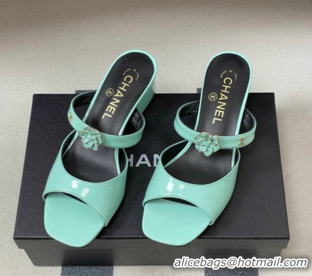 Charming Chanel Patent Calfskin Leather Heel Slides Sandal 4.5cm with Camellia CH030613 Green 2026