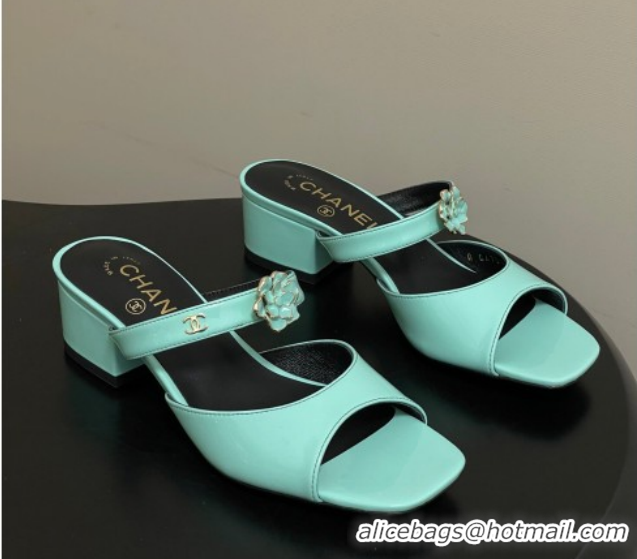 Charming Chanel Patent Calfskin Leather Heel Slides Sandal 4.5cm with Camellia CH030613 Green 2026