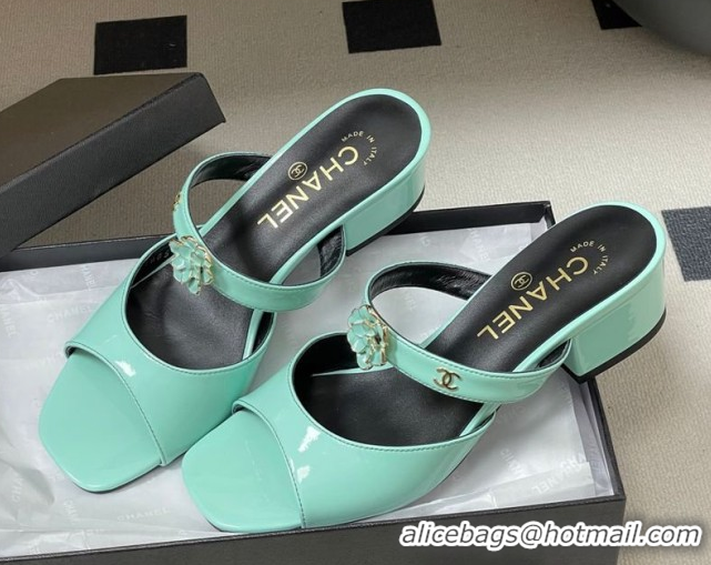 Charming Chanel Patent Calfskin Leather Heel Slides Sandal 4.5cm with Camellia CH030613 Green 2026