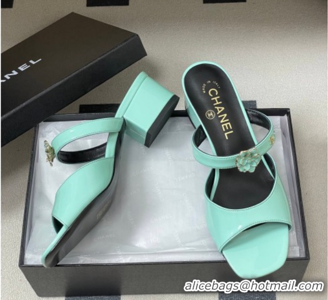 Charming Chanel Patent Calfskin Leather Heel Slides Sandal 4.5cm with Camellia CH030613 Green 2026